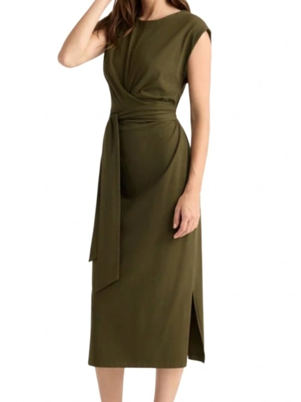 Modern Citizen Fei Organic Cotton Tie Front Midi Dress S Olive Green Side Slit